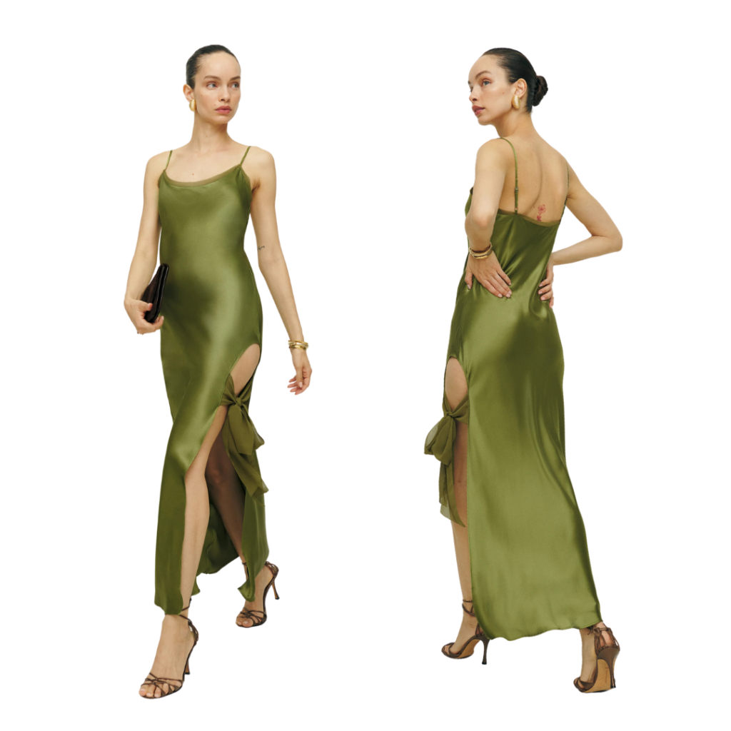 Woman in green silk maxi dress