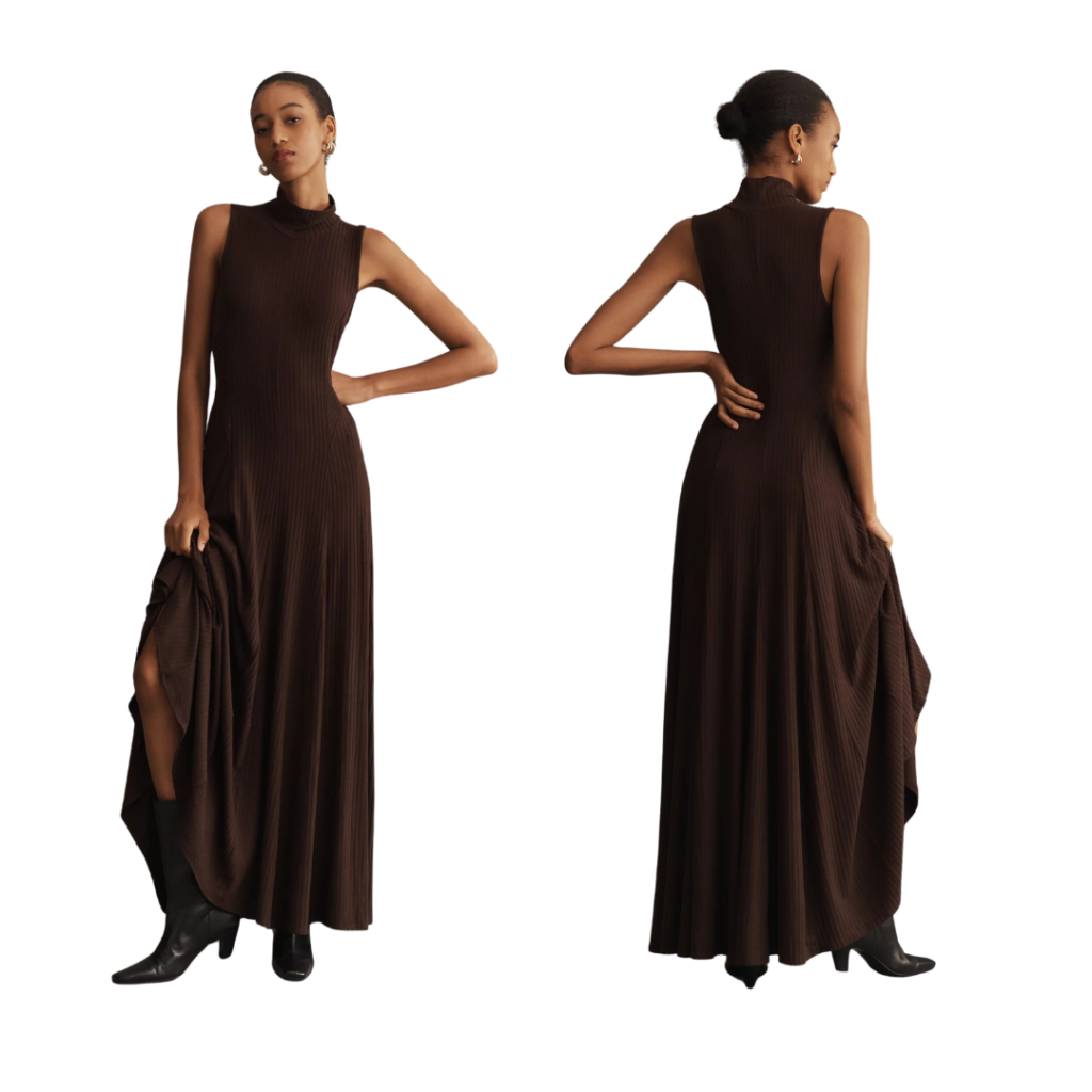 Woman in turtle neck brown maxi dress