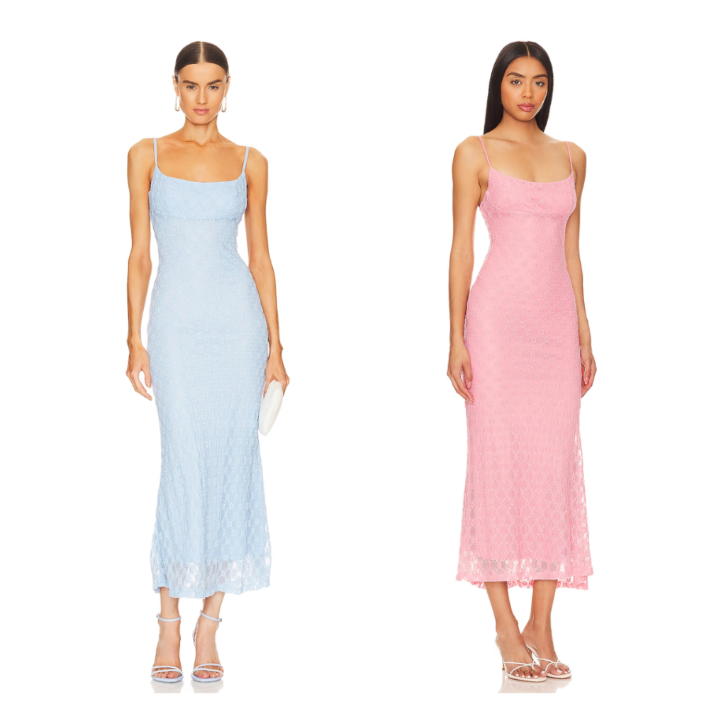 2 women wearing long maxi dresses, one in blue one in pink